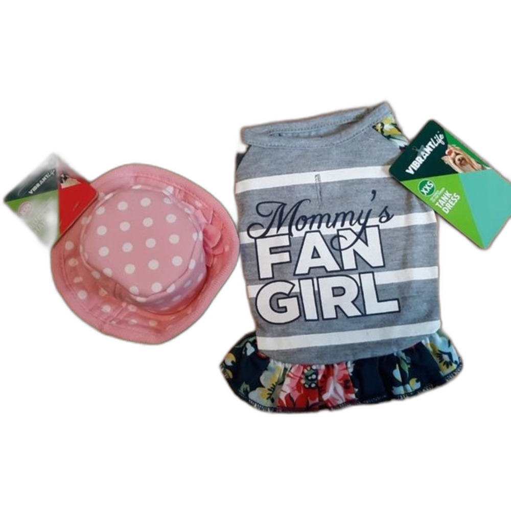 Vibrant Life Dog Mommy's Fan Girl Dress & Polka Dot Bucket Hat XXS gray C19